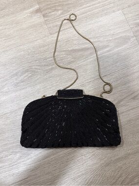 Black Beaded Evening Clutch with Gold Chain Strap